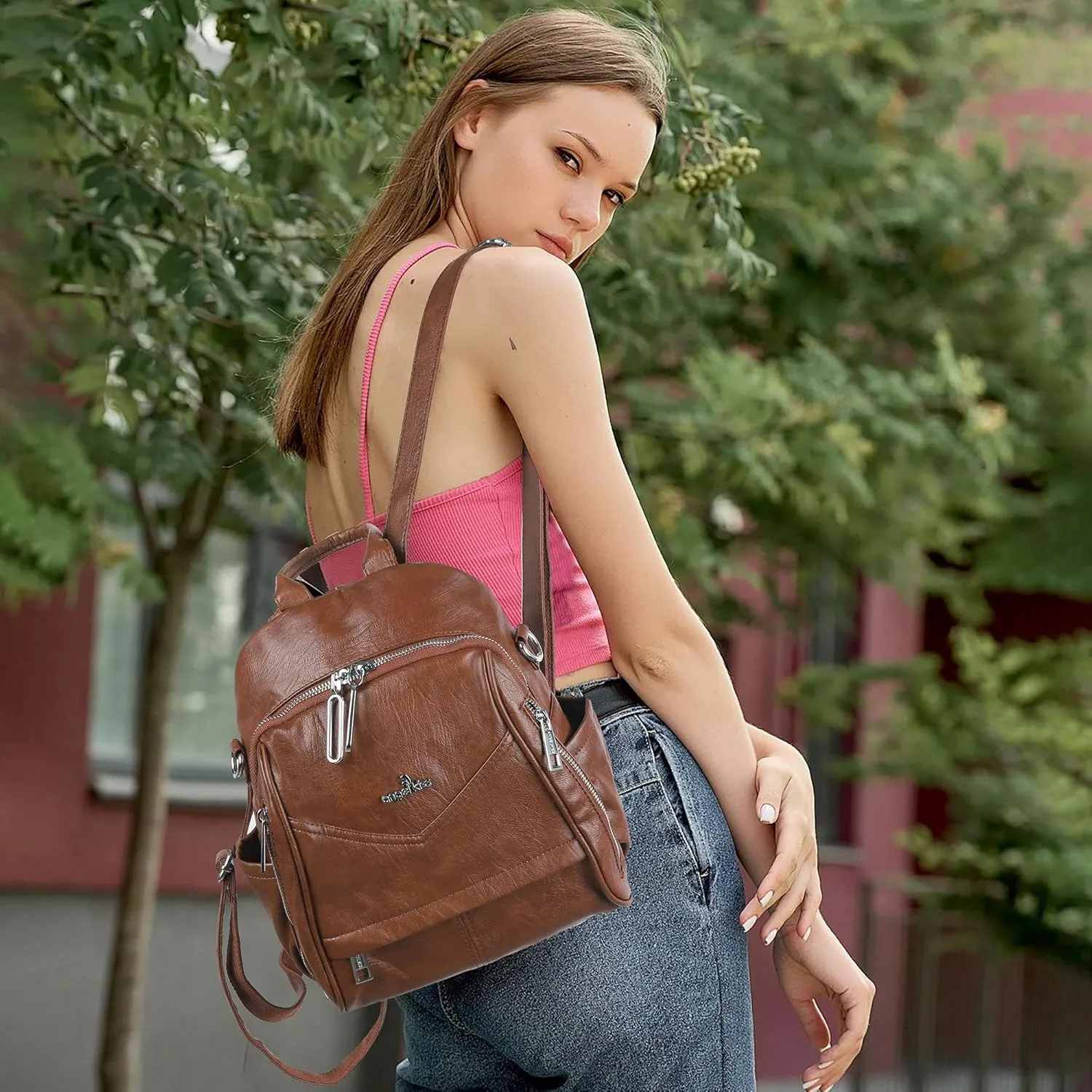 Angel Kiss Small Backpack Purse for Women,Soft Vegan Leather Roomy Backpacks,Designer Ladies Shoulder Backpack Fashion Handbag with Removable Strap,Brown