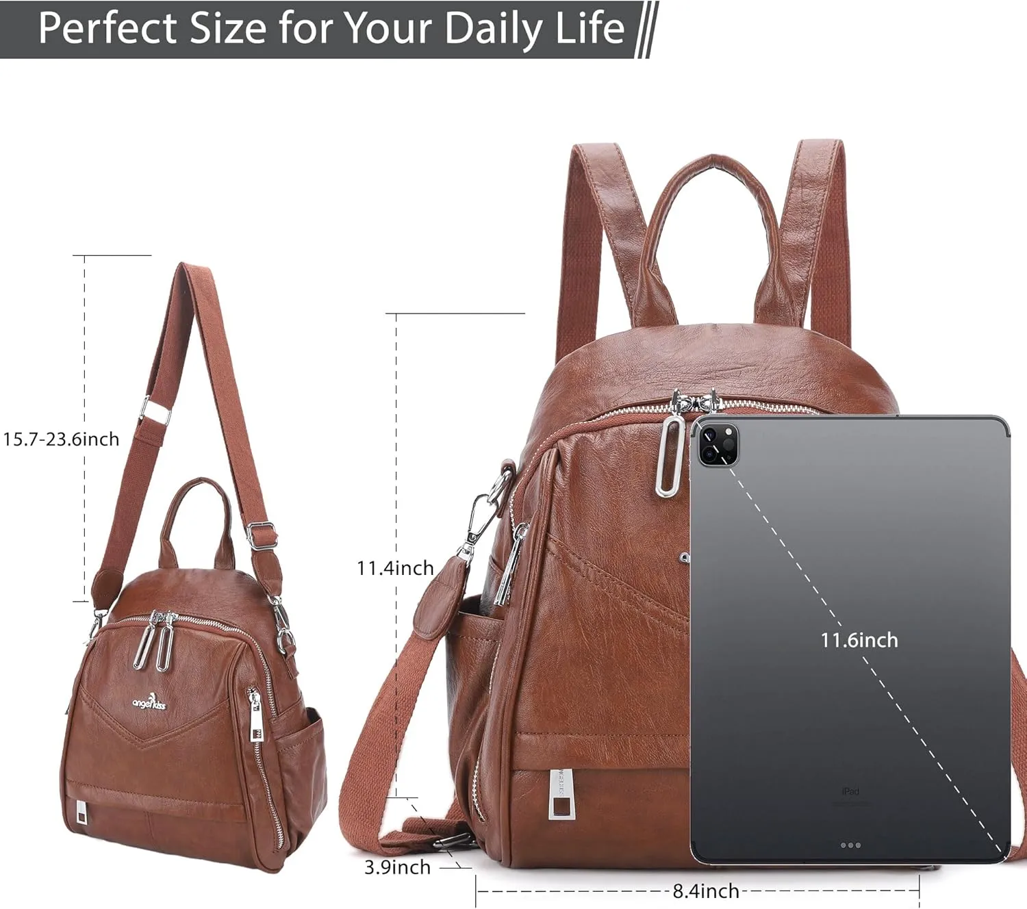 Angel Kiss Small Backpack Purse for Women,Soft Vegan Leather Roomy Backpacks,Designer Ladies Shoulder Backpack Fashion Handbag with Removable Strap,Brown