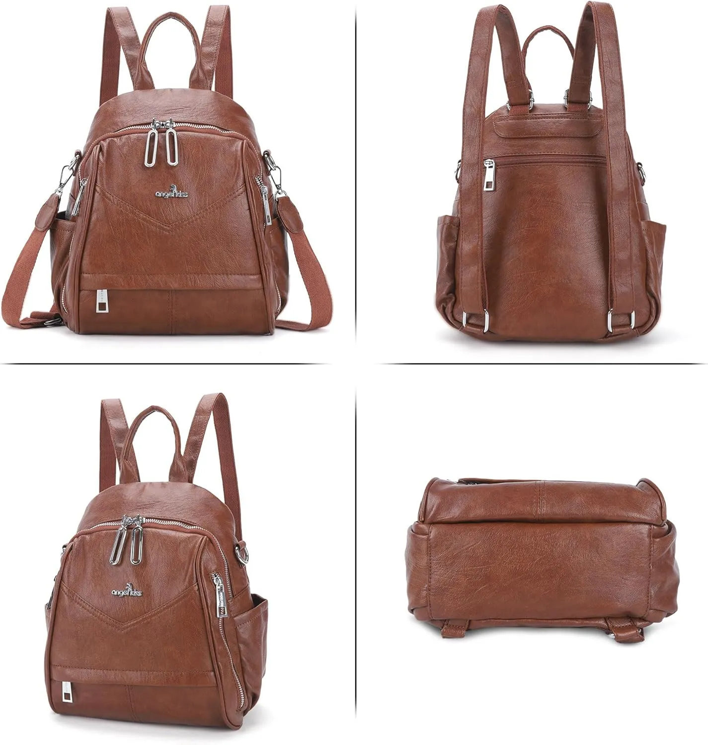 Angel Kiss Small Backpack Purse for Women,Soft Vegan Leather Roomy Backpacks,Designer Ladies Shoulder Backpack Fashion Handbag with Removable Strap,Brown