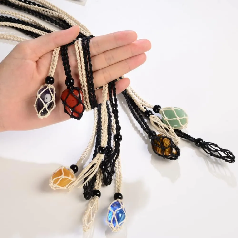 Anjiucc 12 PCS Crystal Cage Necklace Cord Empty Stone Holder Pendant Stone Replacement Hand-Woven Necklace Cord with Adjustable Length