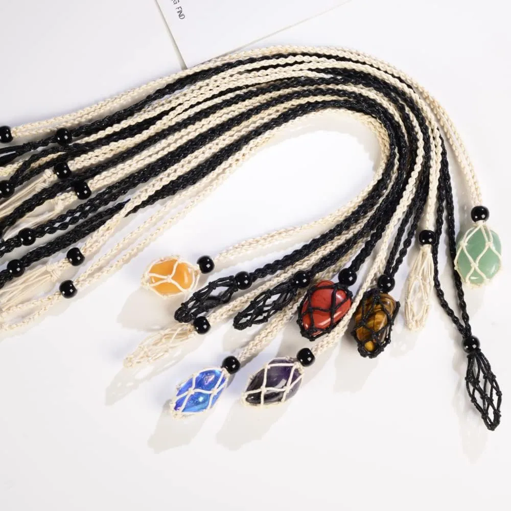 Anjiucc 12 PCS Crystal Cage Necklace Cord Empty Stone Holder Pendant Stone Replacement Hand-Woven Necklace Cord with Adjustable Length