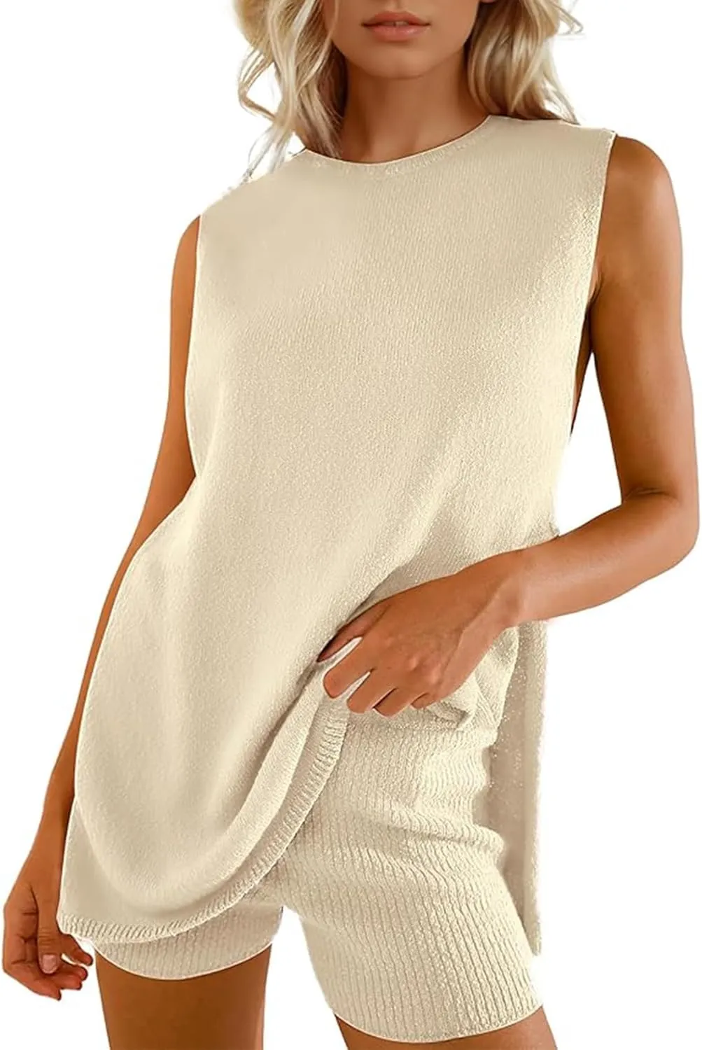 Arssm Women Summer Sleeveless Sweater Sets Knit 2 Piece Outfits Tunic Tank Top Matching Shorts Vacation Beach Sets