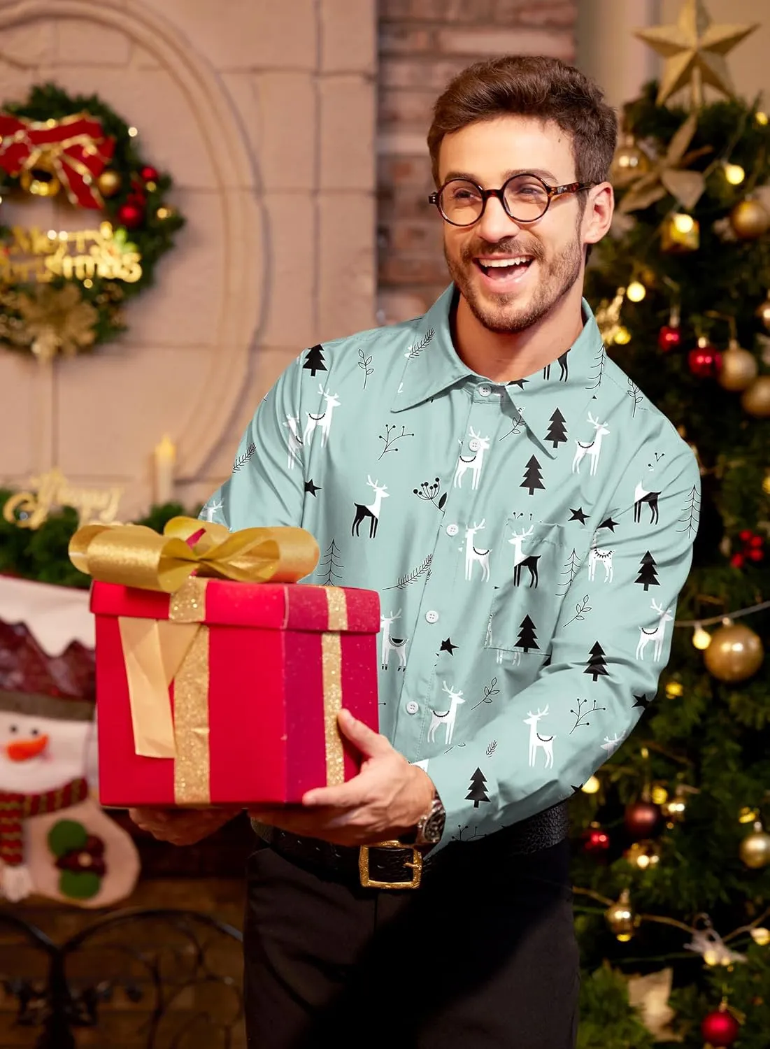 Arvilhill Men's Christmas Button Shirts Long Sleeve Ugly Xmas Shirts (S-3XL)