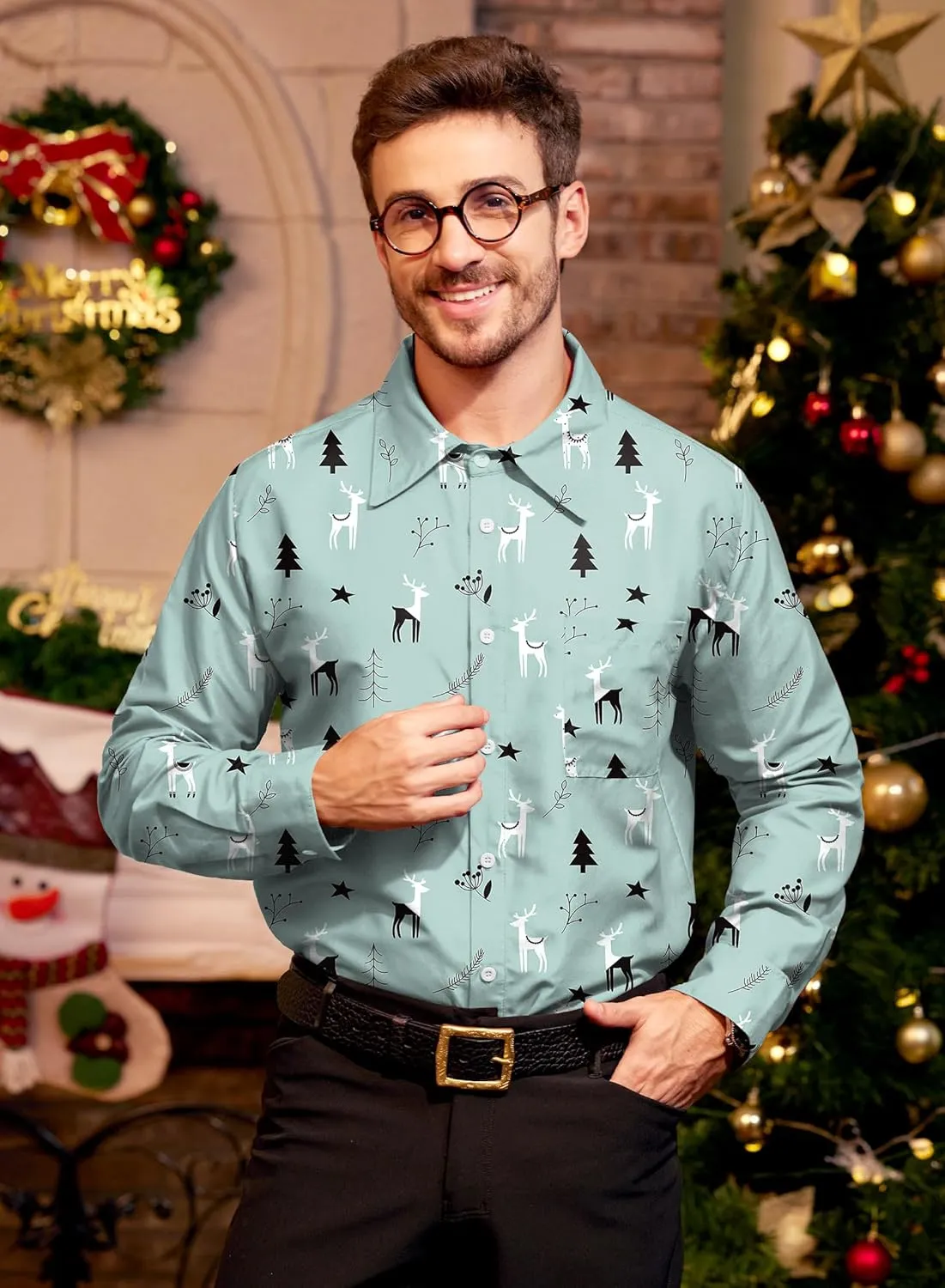 Arvilhill Men's Christmas Button Shirts Long Sleeve Ugly Xmas Shirts (S-3XL)