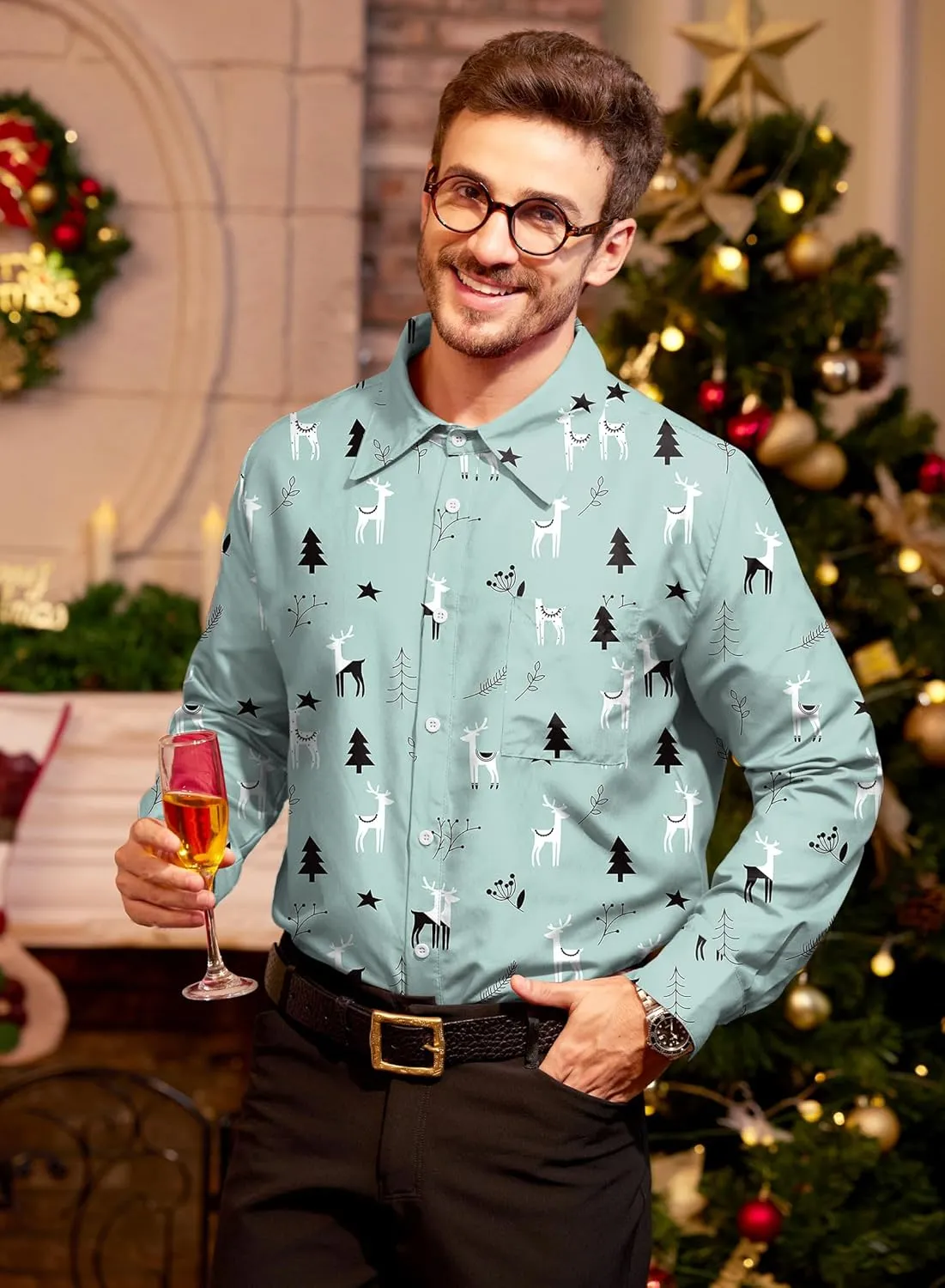 Arvilhill Men's Christmas Button Shirts Long Sleeve Ugly Xmas Shirts (S-3XL)
