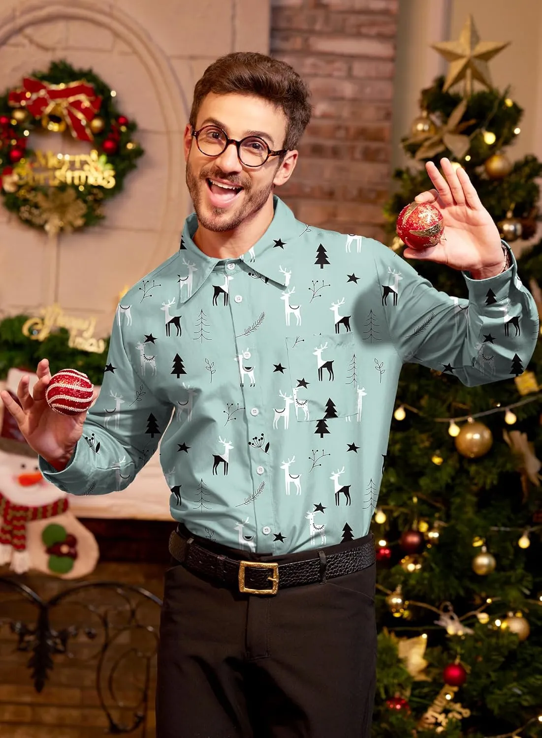 Arvilhill Men's Christmas Button Shirts Long Sleeve Ugly Xmas Shirts (S-3XL)