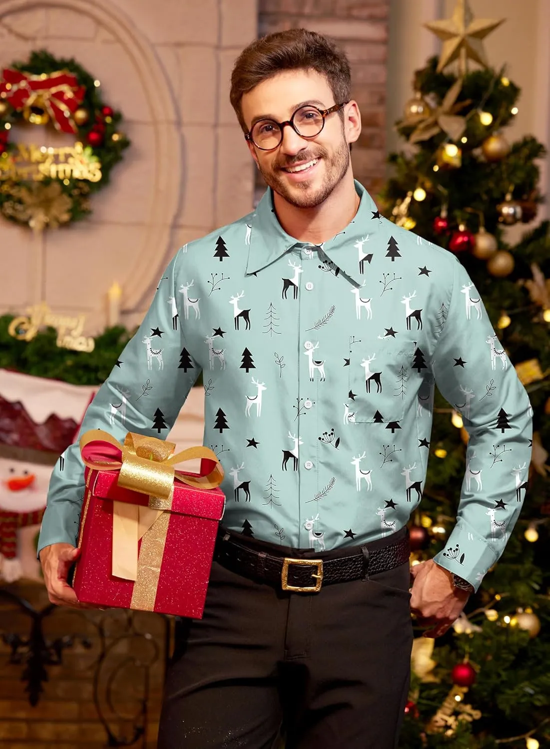 Arvilhill Men's Christmas Button Shirts Long Sleeve Ugly Xmas Shirts (S-3XL)