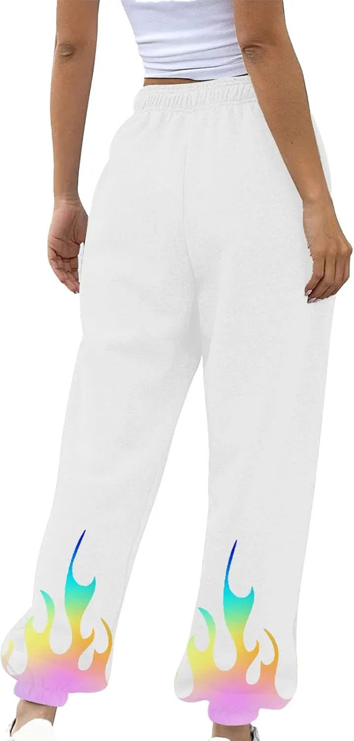 Athletic Pants Women Flame Printing Sweatpants Loose Trousers with Pockets High Waist Workout Running Jogger Pants