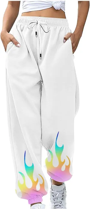 Athletic Pants Women Flame Printing Sweatpants Loose Trousers with Pockets High Waist Workout Running Jogger Pants