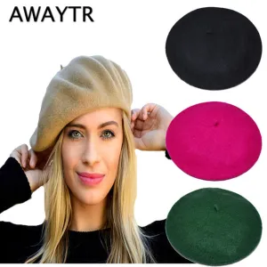 AWAYTR Women's Hat Fashion Women Beret Cap Winter Warm Wool Hats Casual French Artist Beanie Hat Cap Headwear Fall Berets
