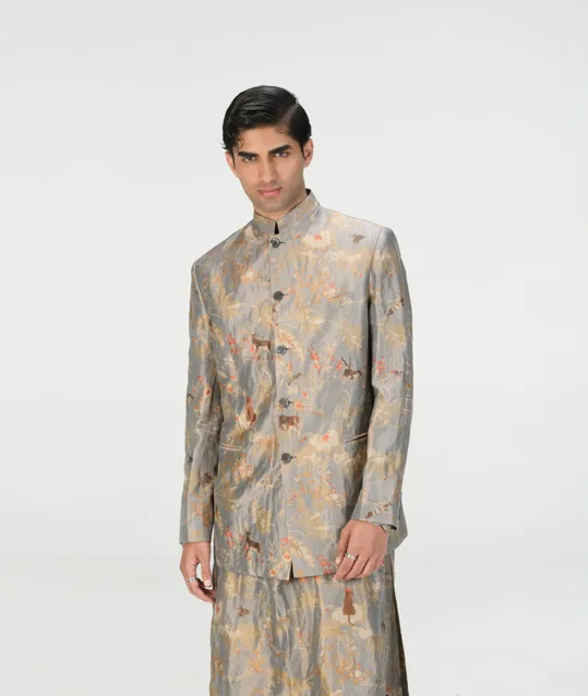 Bandhgala Silk Brocade Monsoon Cloud