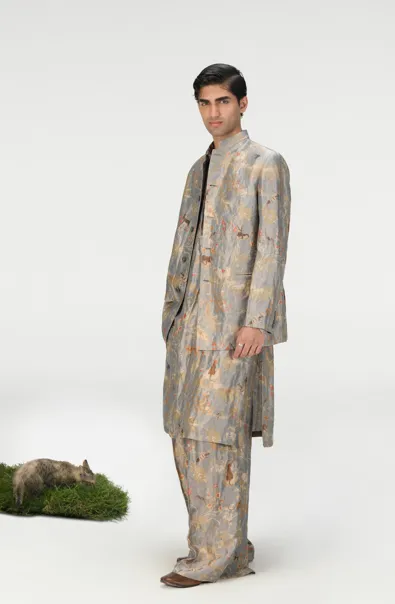 Bandhgala Silk Brocade Monsoon Cloud