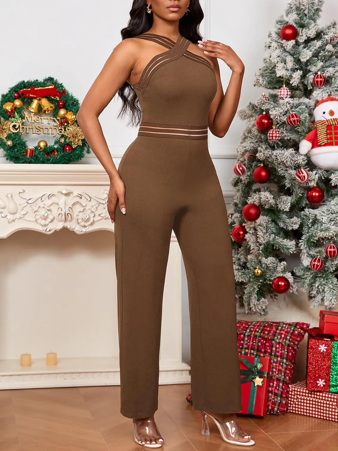 Bdwinz Sexy Halter Summer Jumpsuits for Women Elegant Backless Rompers Wide Leg One Piece Outfits for Women