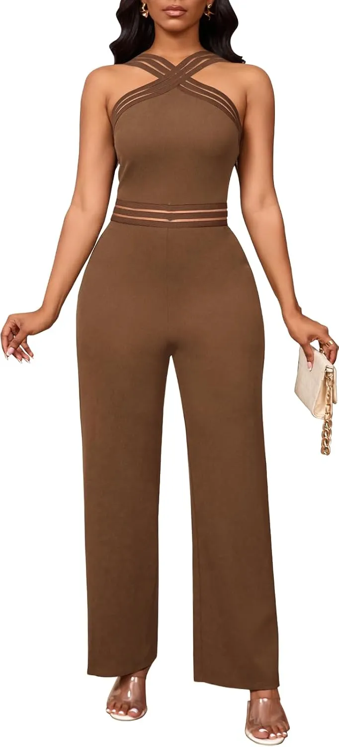 Bdwinz Sexy Halter Summer Jumpsuits for Women Elegant Backless Rompers Wide Leg One Piece Outfits for Women