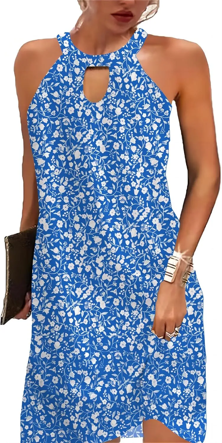 BIRW Women Summer Over The Knee Dress 2025 Casual Floral Halter Beach Vacation Sundresses with Pockets