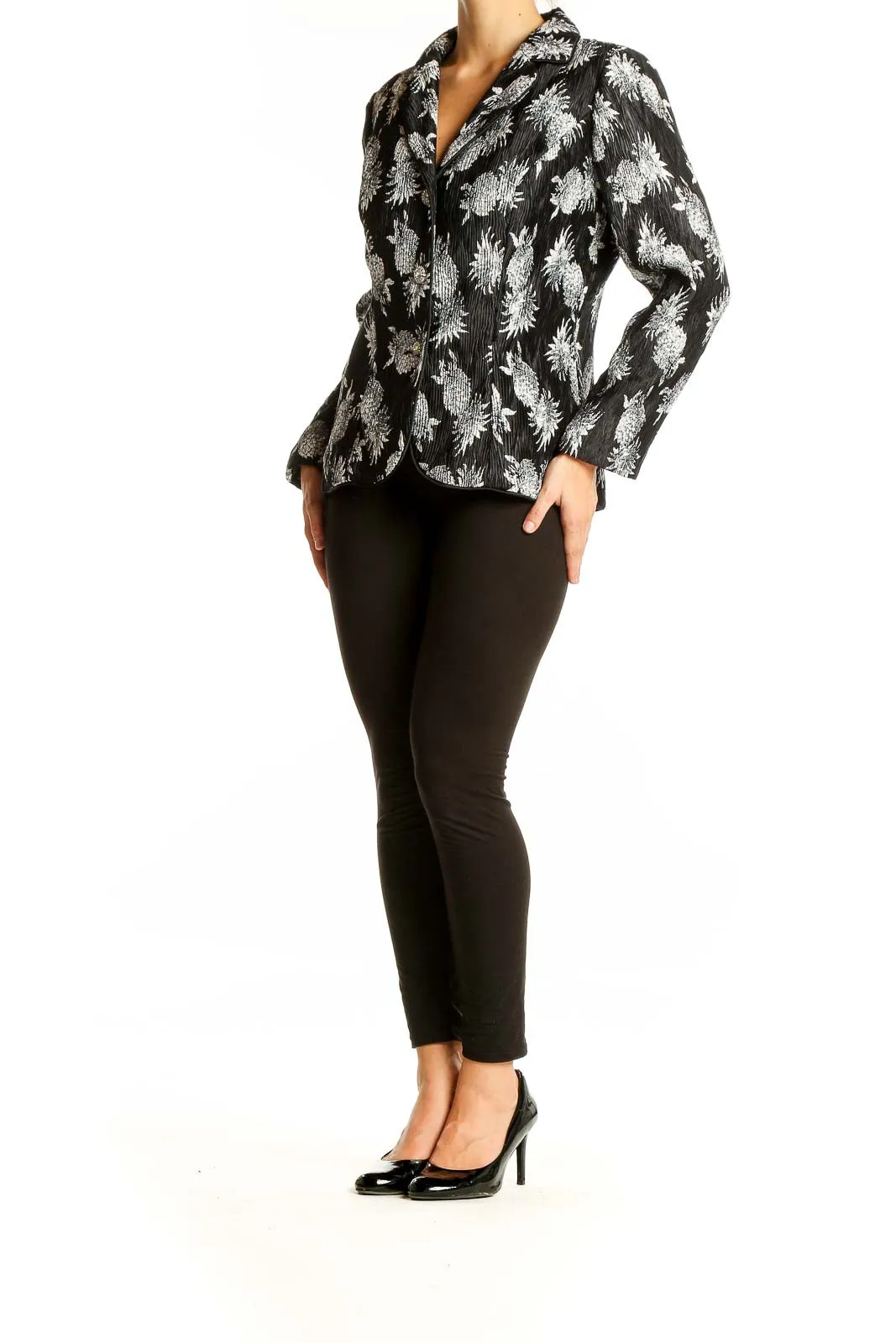 Black and White Floral Textured Blazer