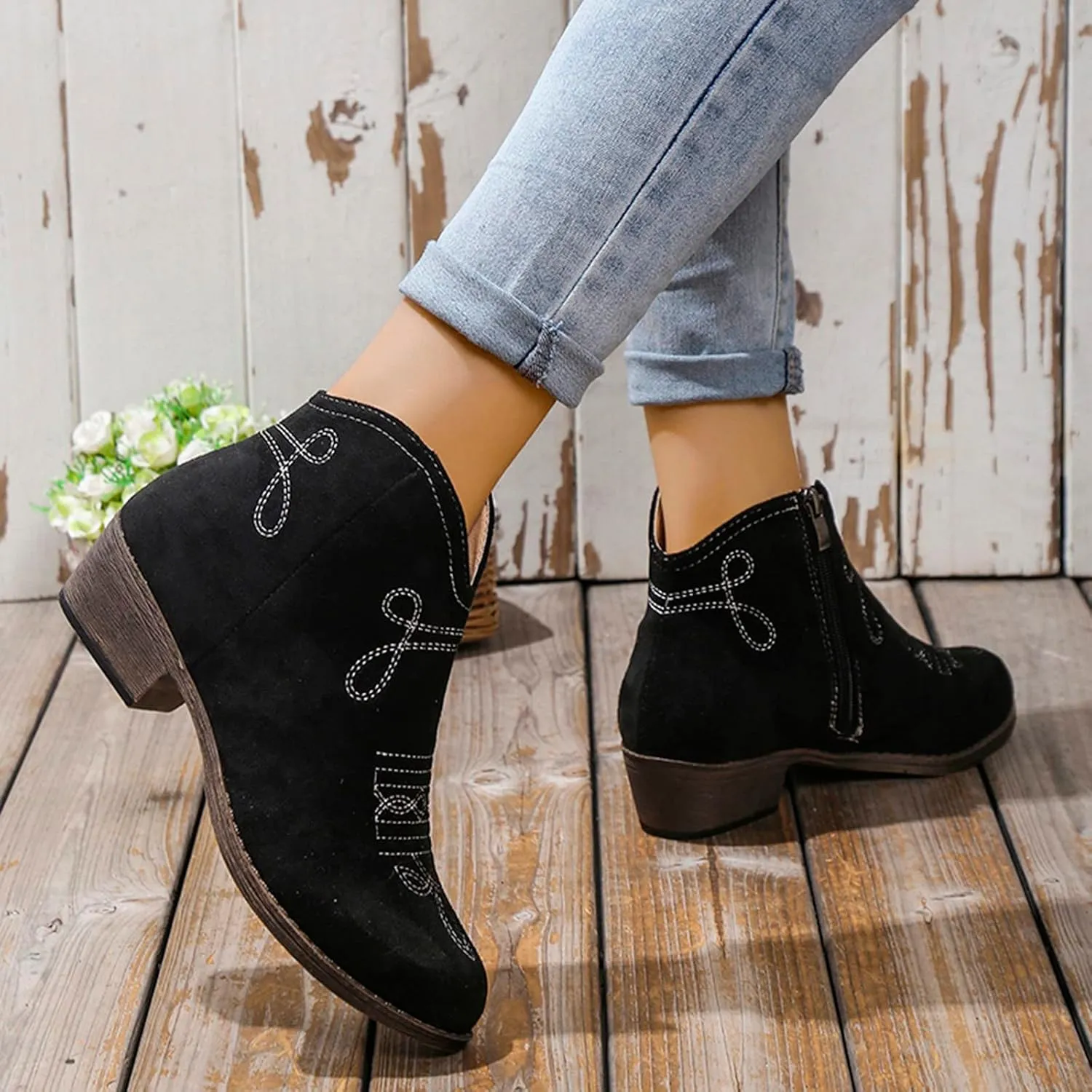 Black Booties for Women Ankle Womens Booties Fall 2024 Brown Boots Women Fall Ankle Barefoot Shoes Women Lightweight Cute Round Toe Pointed Toe Stacked Mid Heel