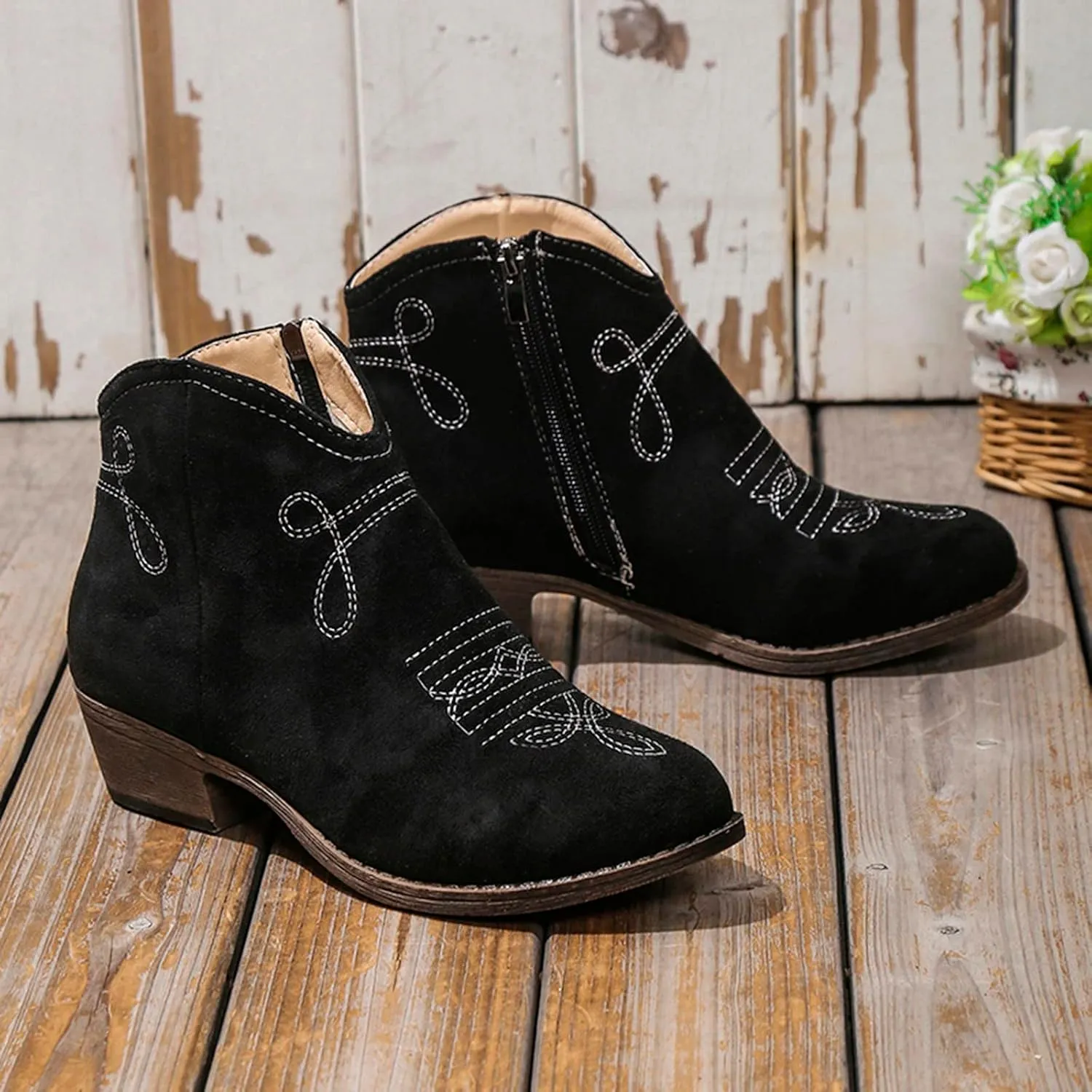 Black Booties for Women Ankle Womens Booties Fall 2024 Brown Boots Women Fall Ankle Barefoot Shoes Women Lightweight Cute Round Toe Pointed Toe Stacked Mid Heel