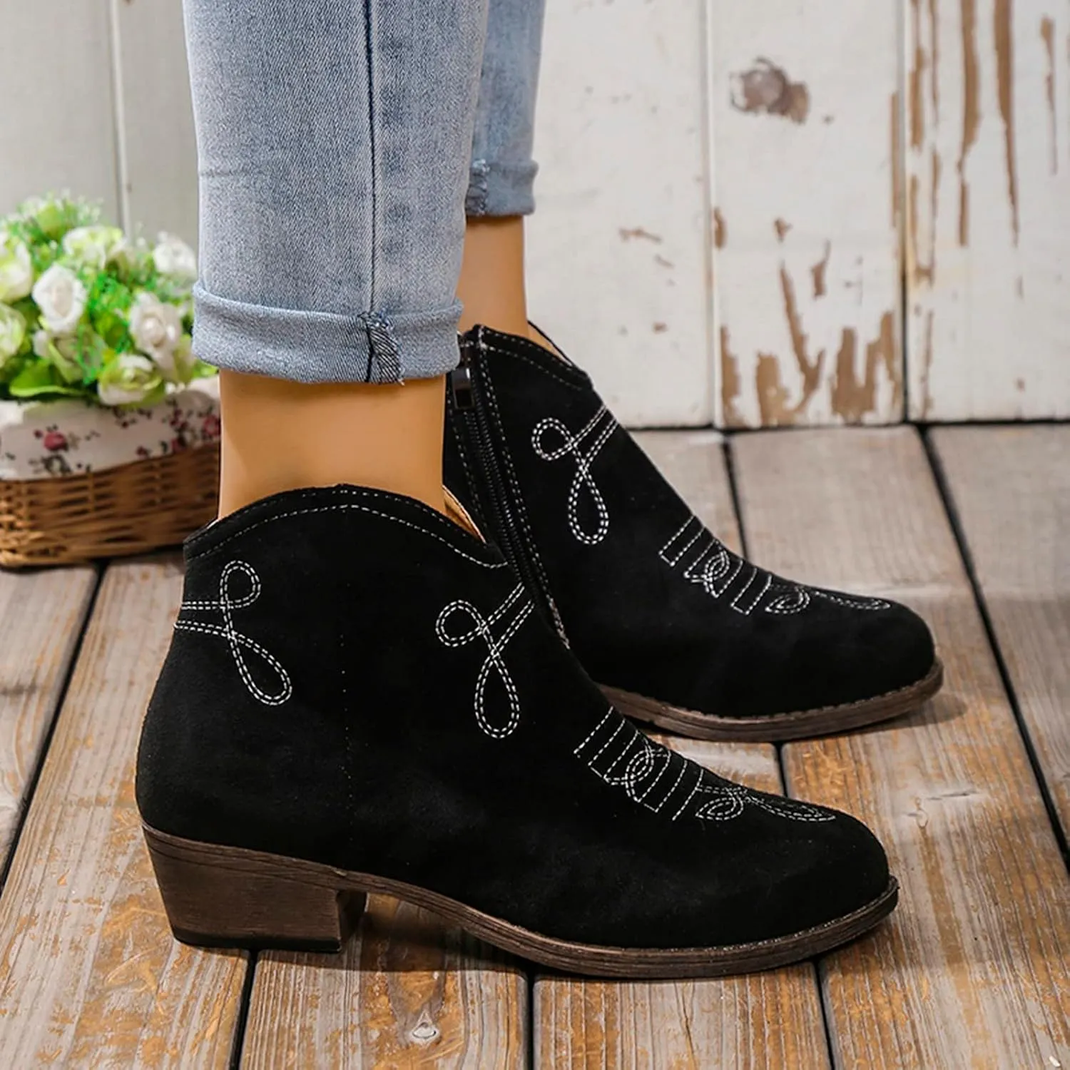 Black Booties for Women Ankle Womens Booties Fall 2024 Brown Boots Women Fall Ankle Barefoot Shoes Women Lightweight Cute Round Toe Pointed Toe Stacked Mid Heel