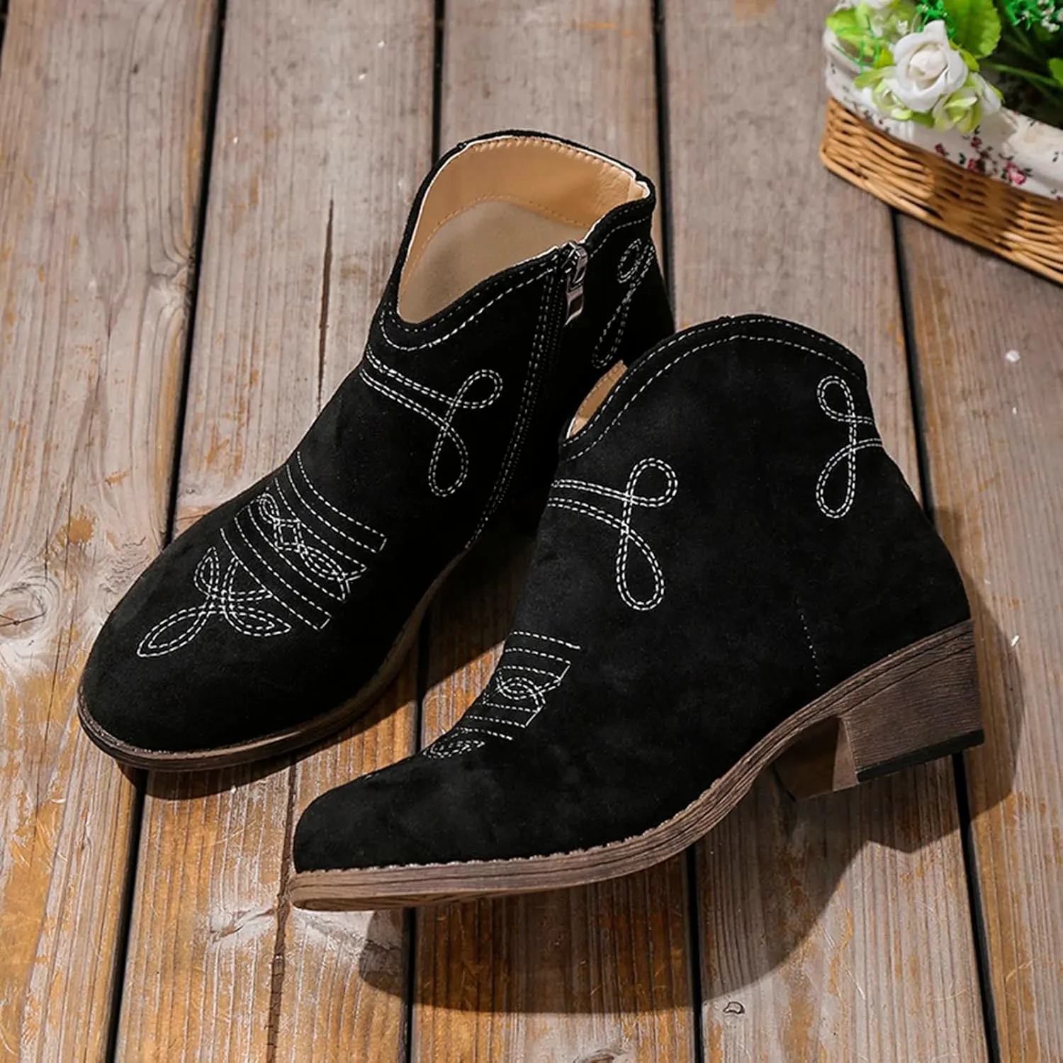 Black Booties for Women Ankle Womens Booties Fall 2024 Brown Boots Women Fall Ankle Barefoot Shoes Women Lightweight Cute Round Toe Pointed Toe Stacked Mid Heel