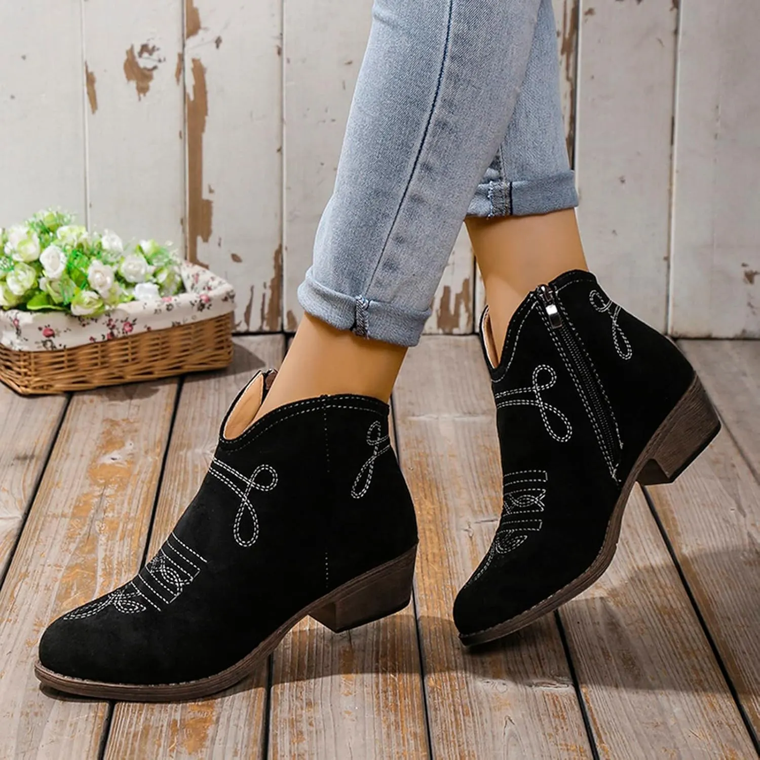 Black Booties for Women Ankle Womens Booties Fall 2024 Brown Boots Women Fall Ankle Barefoot Shoes Women Lightweight Cute Round Toe Pointed Toe Stacked Mid Heel