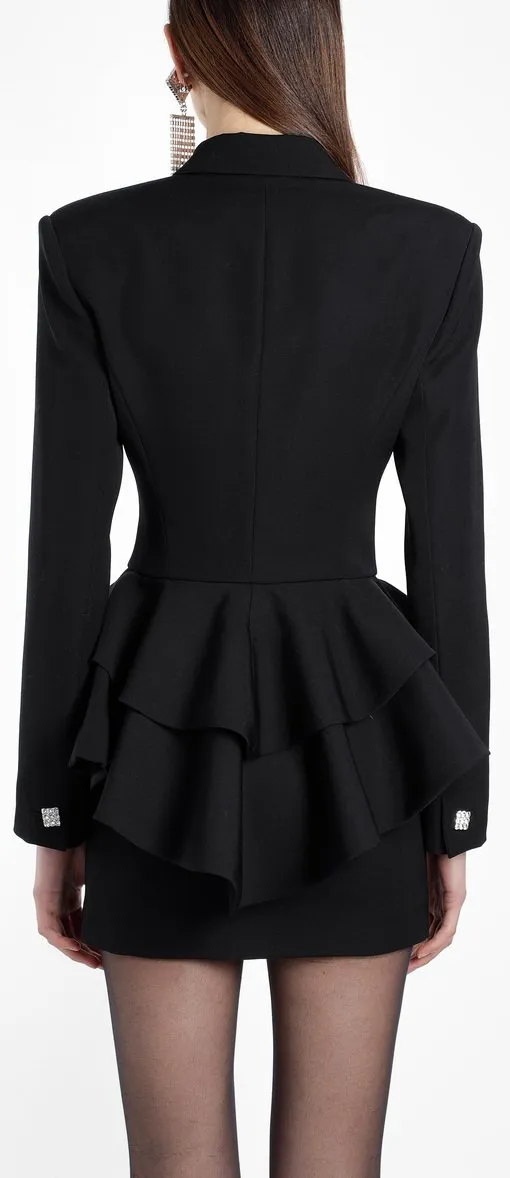 Black Ruffle Double-Breasted Blazer