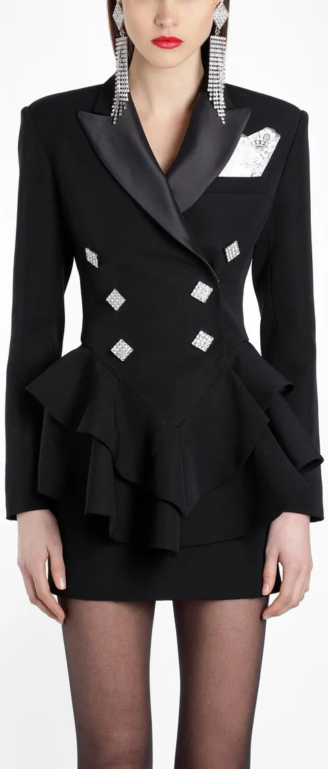 Black Ruffle Double-Breasted Blazer