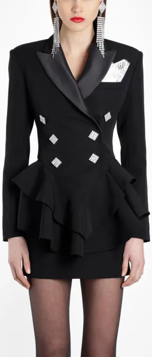 Black Ruffle Double-Breasted Blazer