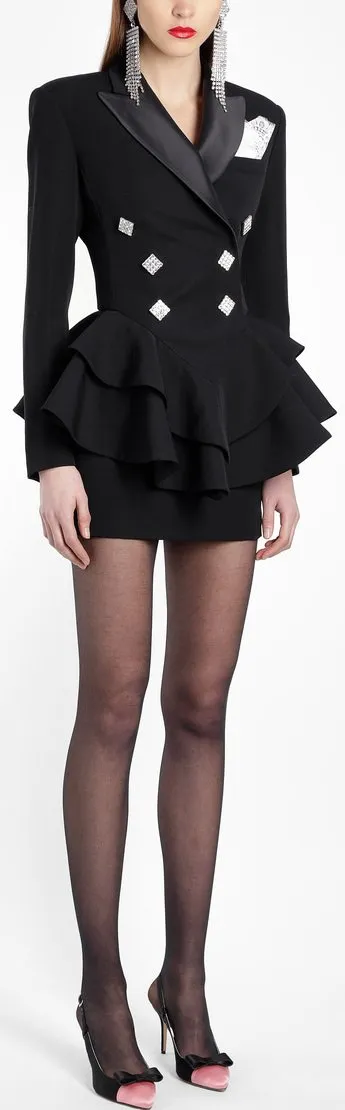 Black Ruffle Double-Breasted Blazer