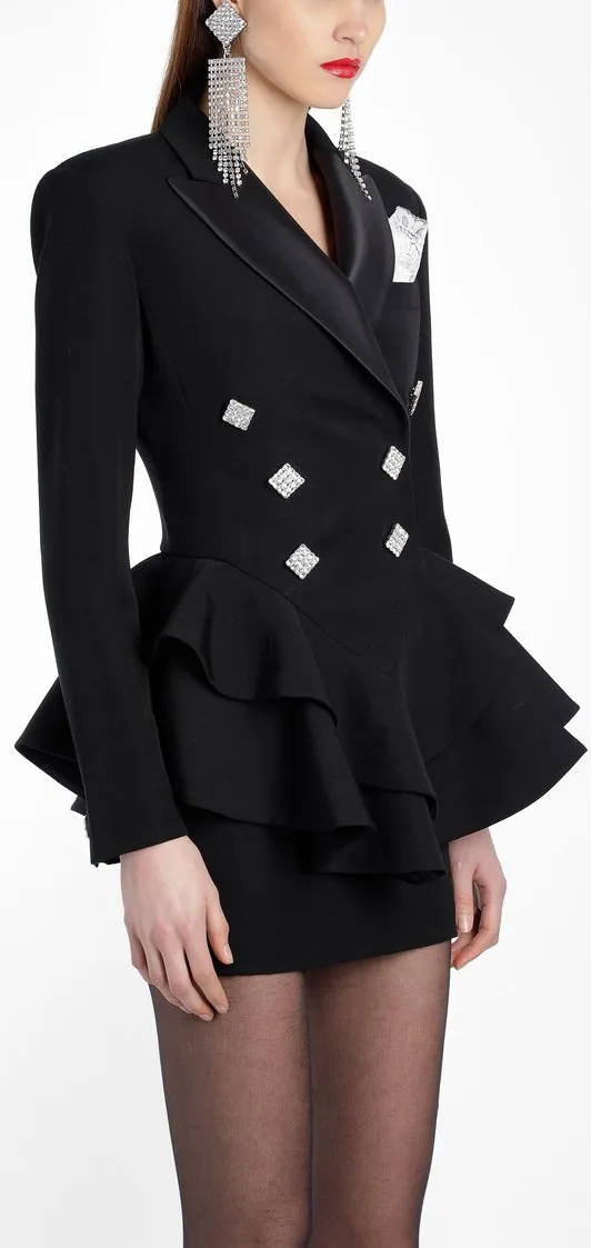 Black Ruffle Double-Breasted Blazer