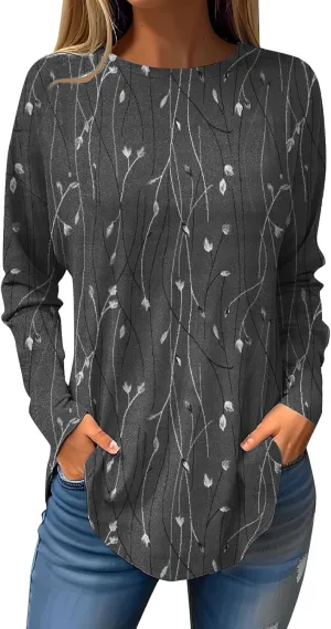 Blouses for Women Dressy Casual Round Neck Tee Trendy Vintage Floral Long Sleeve Shirts Oversized Vacation Tops