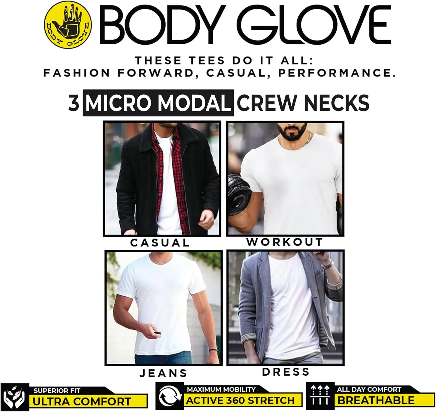 Body Glove Mens 3-Pack Micro Modal T Shirts, Cool Plain Undershirts & Gym Tshirts, Multipack White Tees