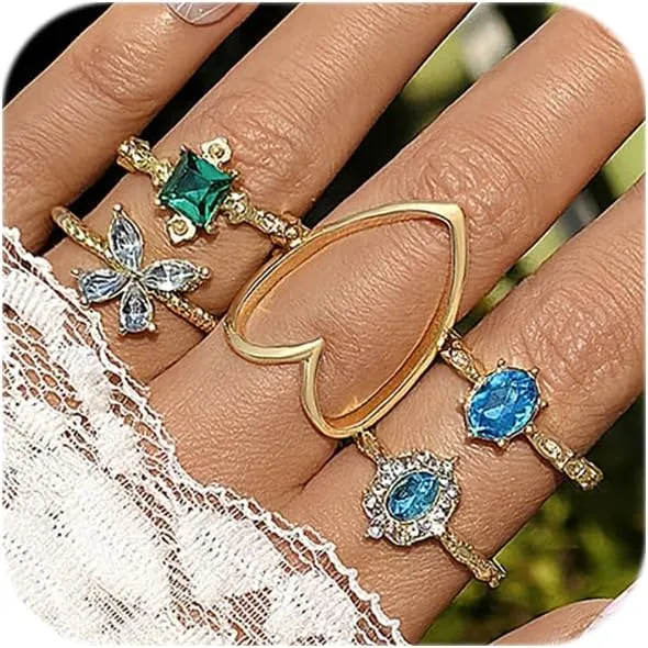 Boho Knuckle Ring Sets for Women Gold Stackable Rings Vintage Green Knuckle Rings Cubic Zirconia Butterfly Rings Stacking Statement Rings Jewelry for Women