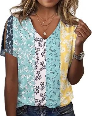 Boho Tops for Women Hippie Floral Shirts 2025 Cold Shoulder Short Sleeve V Neck Button Down Fashion T Shirts Blouse