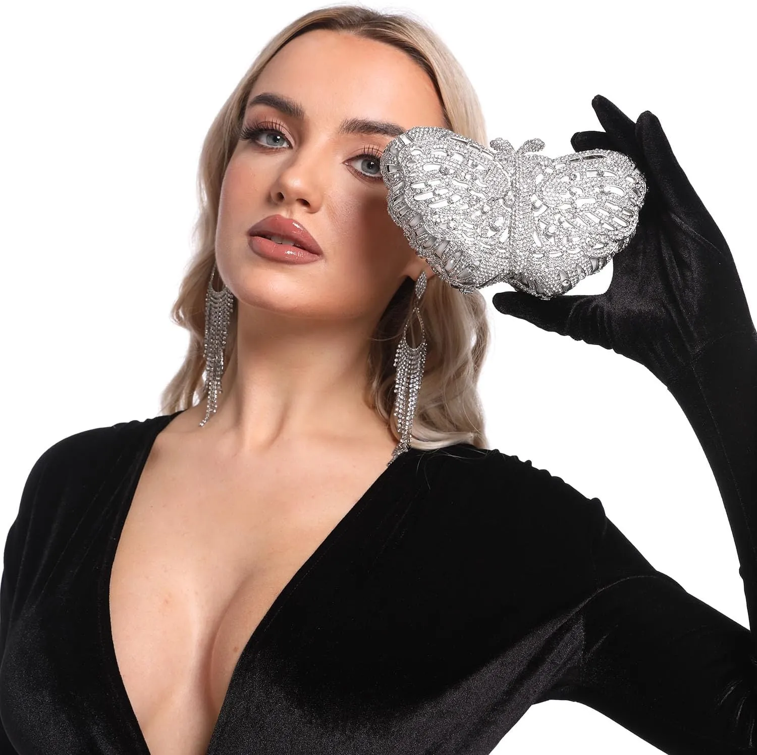 Boutique De FGG Butterfly Clutch Minaudiere Bag Women Rhinestone Evening Handbags Bridal Wedding Crystal Clutch Purse,Mini