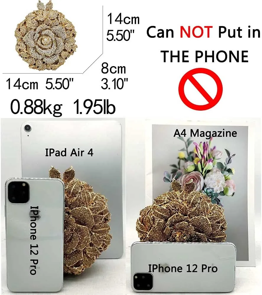 Boutique De FGG Round Rose Flower Crystal Clutch Purses for Women Formal Evening Bags Wedding Clutch Bag Party Handbags,Mini