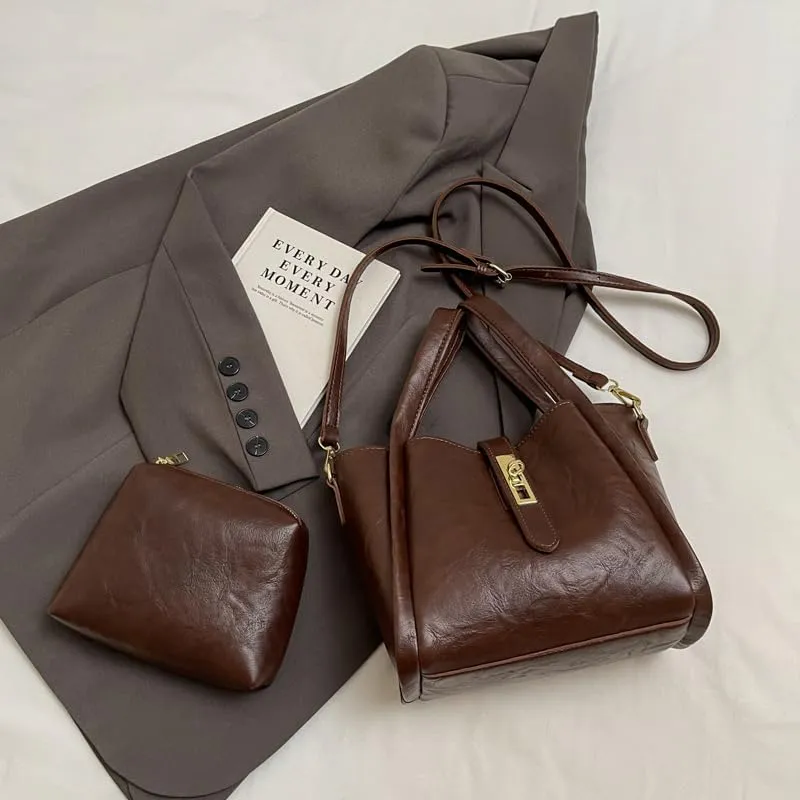 Bucket Bag for Women, Vegan Leather Bucket Bag Trendy Vintage Bucket Bag Leather Purse with Adjustable Shoulder Strap