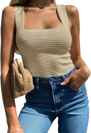 BZB Womens Ribbed Tank Tops 2025 Summer Sleeveless Square Neck Shirts Casual Slim Fitted Knit Shirts