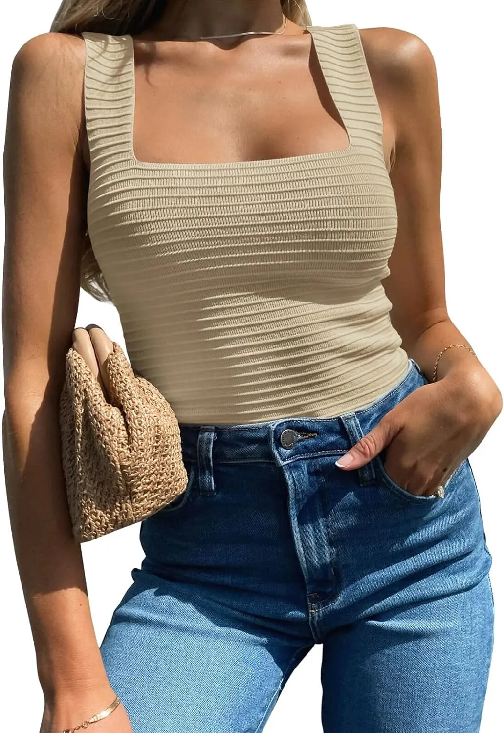 BZB Womens Ribbed Tank Tops 2025 Summer Sleeveless Square Neck Shirts Casual Slim Fitted Knit Shirts
