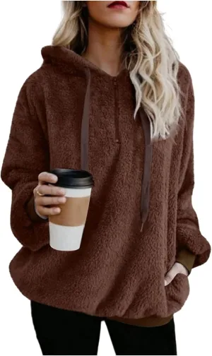 Canbebig Womens Fuzzy Fleece Hoodies 2023 Fashion Warm Oversized Quarter Zip Hooded Sweatshirt Sherpa Outerwear with Pockets
