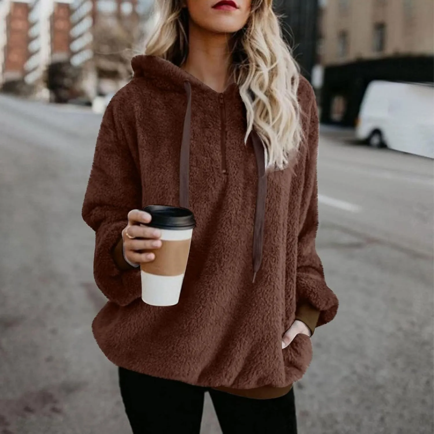Canbebig Womens Fuzzy Fleece Hoodies 2023 Fashion Warm Oversized Quarter Zip Hooded Sweatshirt Sherpa Outerwear with Pockets
