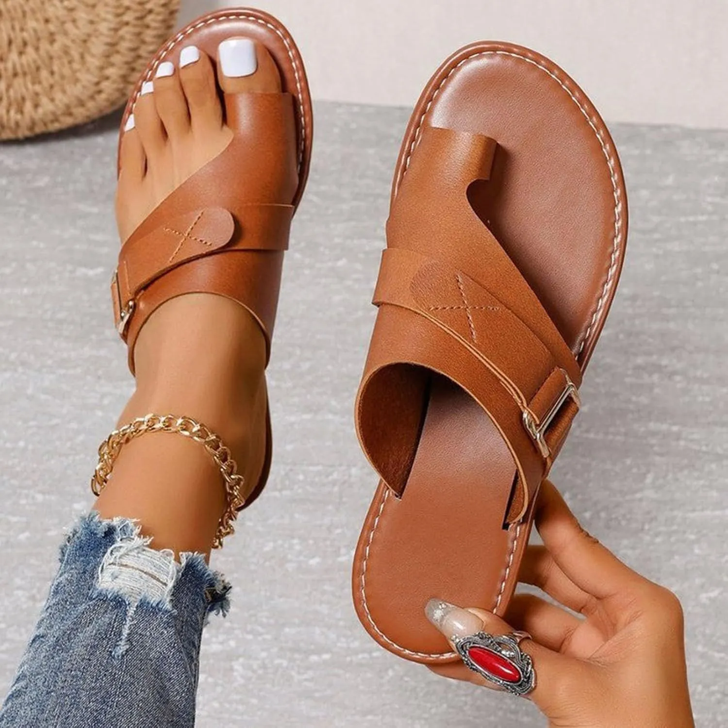 Cathalem Toe Ring Sandals for Women Orthopedic Sandals 2024 New Ring Loop Strap Flip Flops Flat Leather Sandals Women