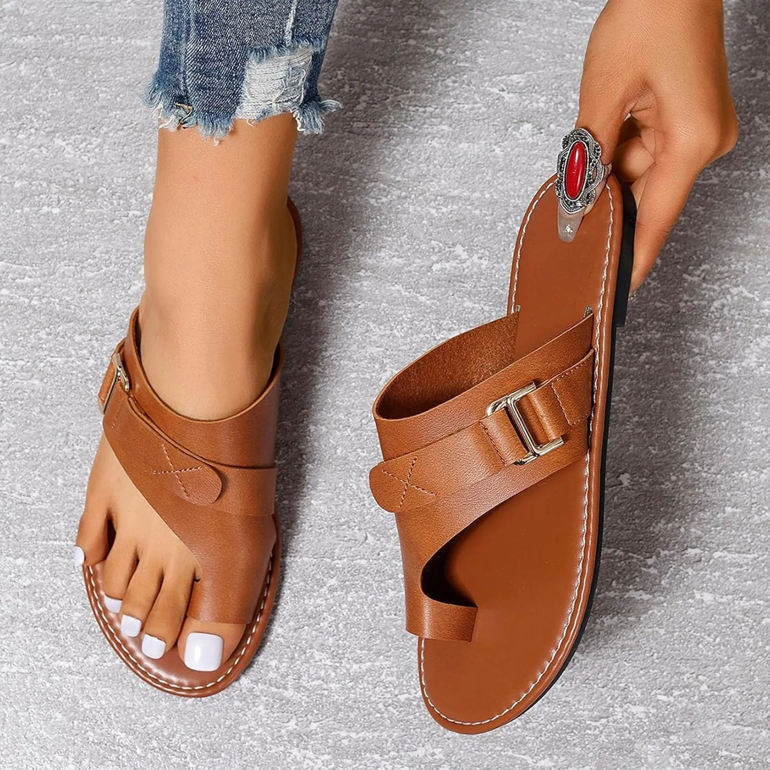 Cathalem Toe Ring Sandals for Women Orthopedic Sandals 2024 New Ring Loop Strap Flip Flops Flat Leather Sandals Women