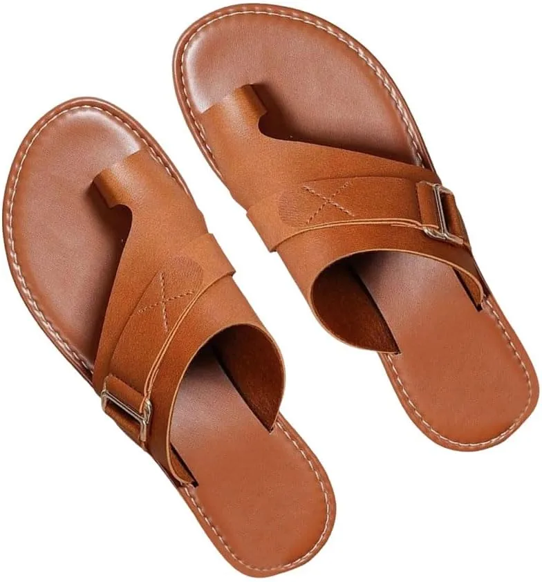 Cathalem Toe Ring Sandals for Women Orthopedic Sandals 2024 New Ring Loop Strap Flip Flops Flat Leather Sandals Women