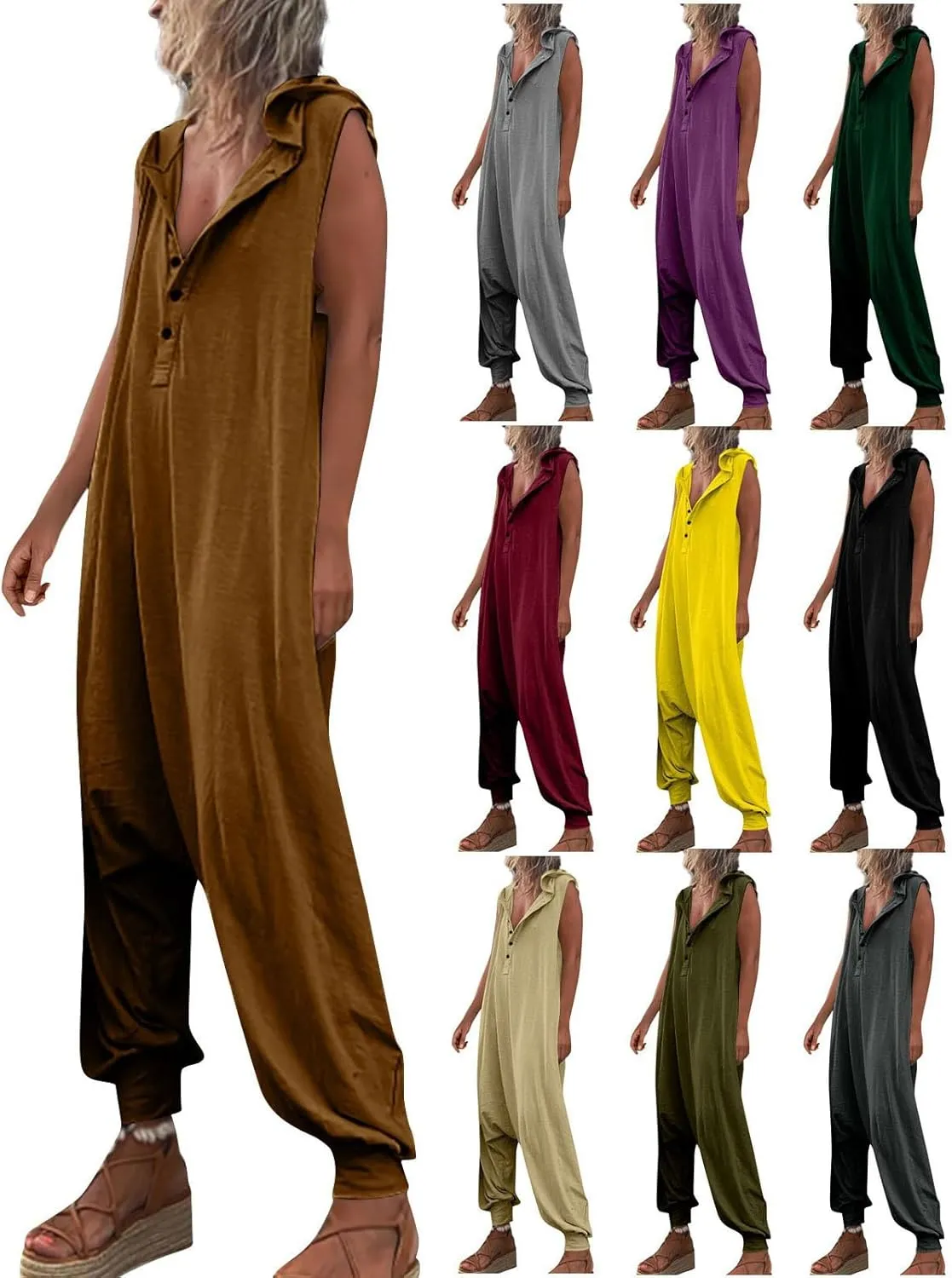 CHARTOU Women Button Sleeveless Jumpsuit Hooded Romper Lounge Romper Pants Harem Jumpsuit Cargo Pockets