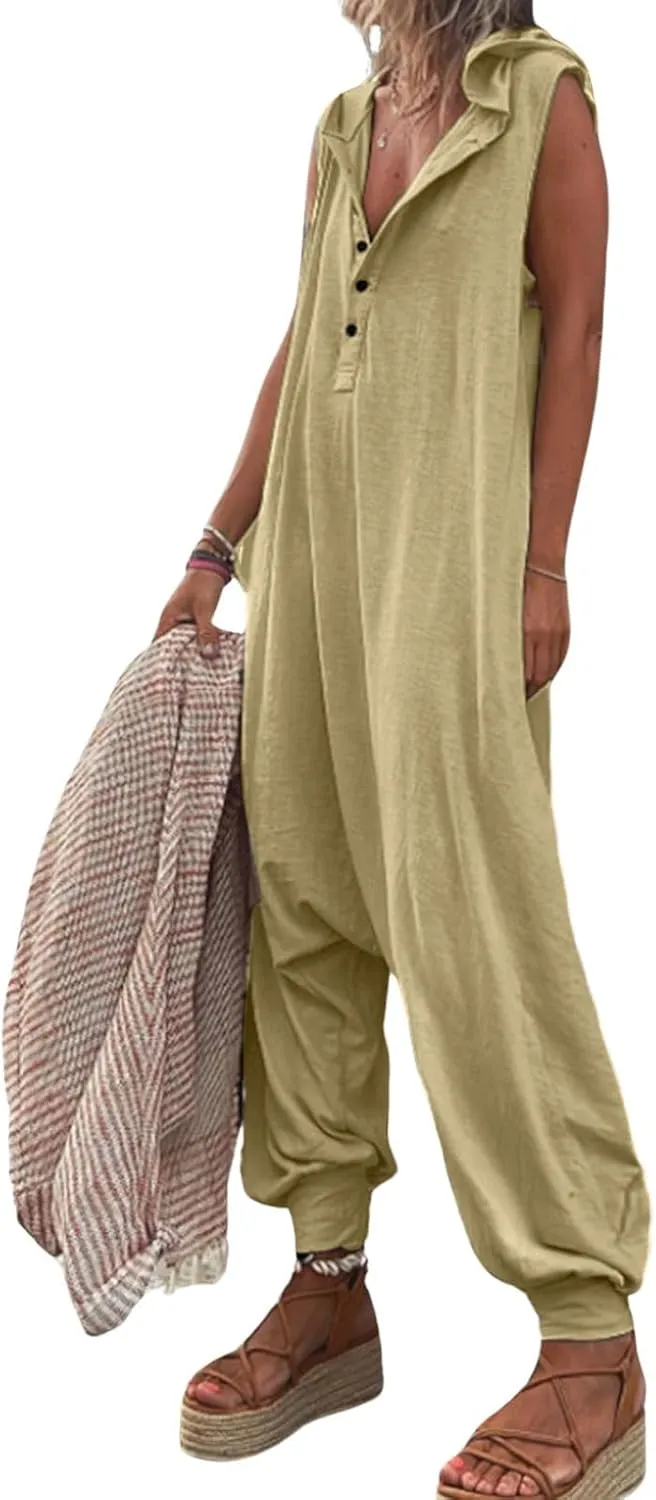 CHARTOU Women Button Sleeveless Jumpsuit Hooded Romper Lounge Romper Pants Harem Jumpsuit Cargo Pockets