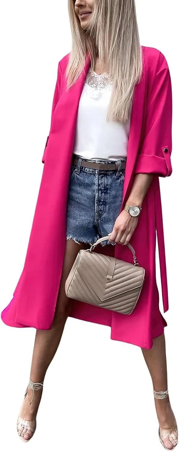 CHARTOU Women's Loose Long Wrap Coat Folded Sleeve Open Front Lightweight Drape Trenchcoat