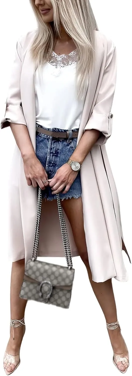 CHARTOU Women's Loose Long Wrap Coat Folded Sleeve Open Front Lightweight Drape Trenchcoat
