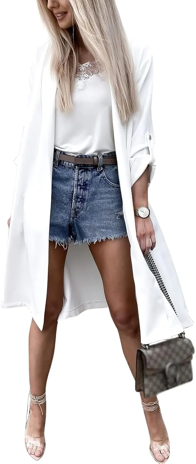 CHARTOU Women's Loose Long Wrap Coat Folded Sleeve Open Front Lightweight Drape Trenchcoat