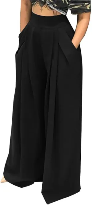 Chatinction Women's Casual Palazzo Pants High Waist Pleated Polka Dot Printed Wide Leg Pants with Pockets